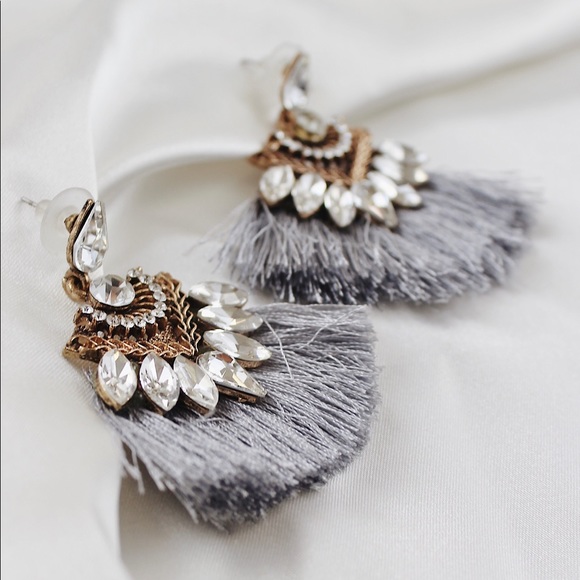 Gray Studded Tassel Earrings with Crystals - Picture 4 of 7